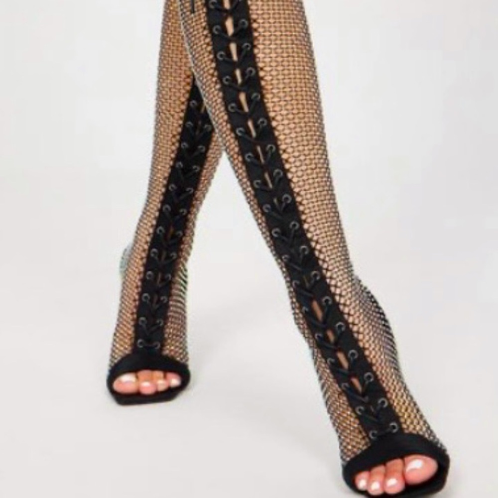 Lace up knee high mesh heels